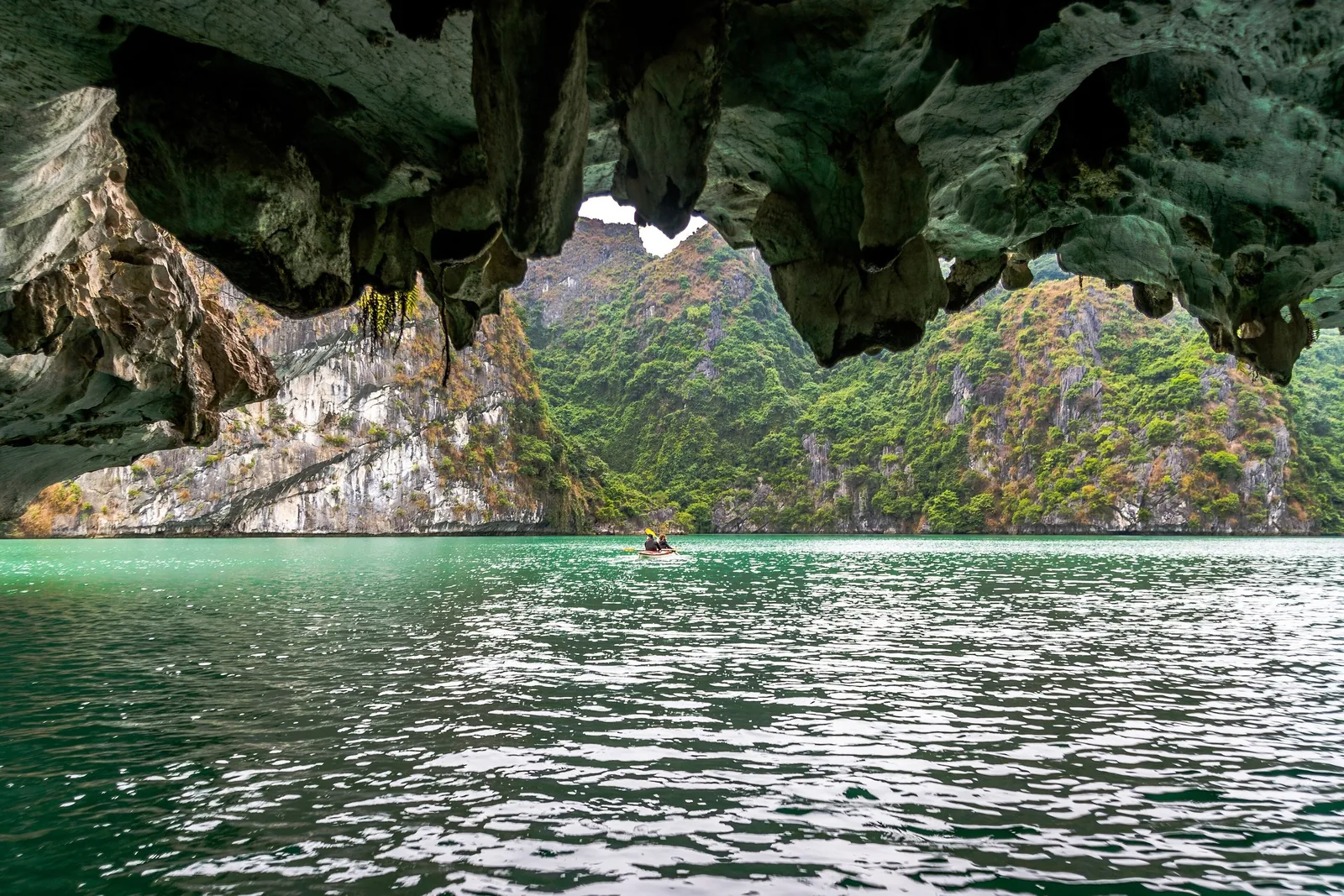 Một người chèo thuyền kayak băng qua hang đá vôi giữa những núi đá phủ cây xanh ở vịnh Hạ Long.